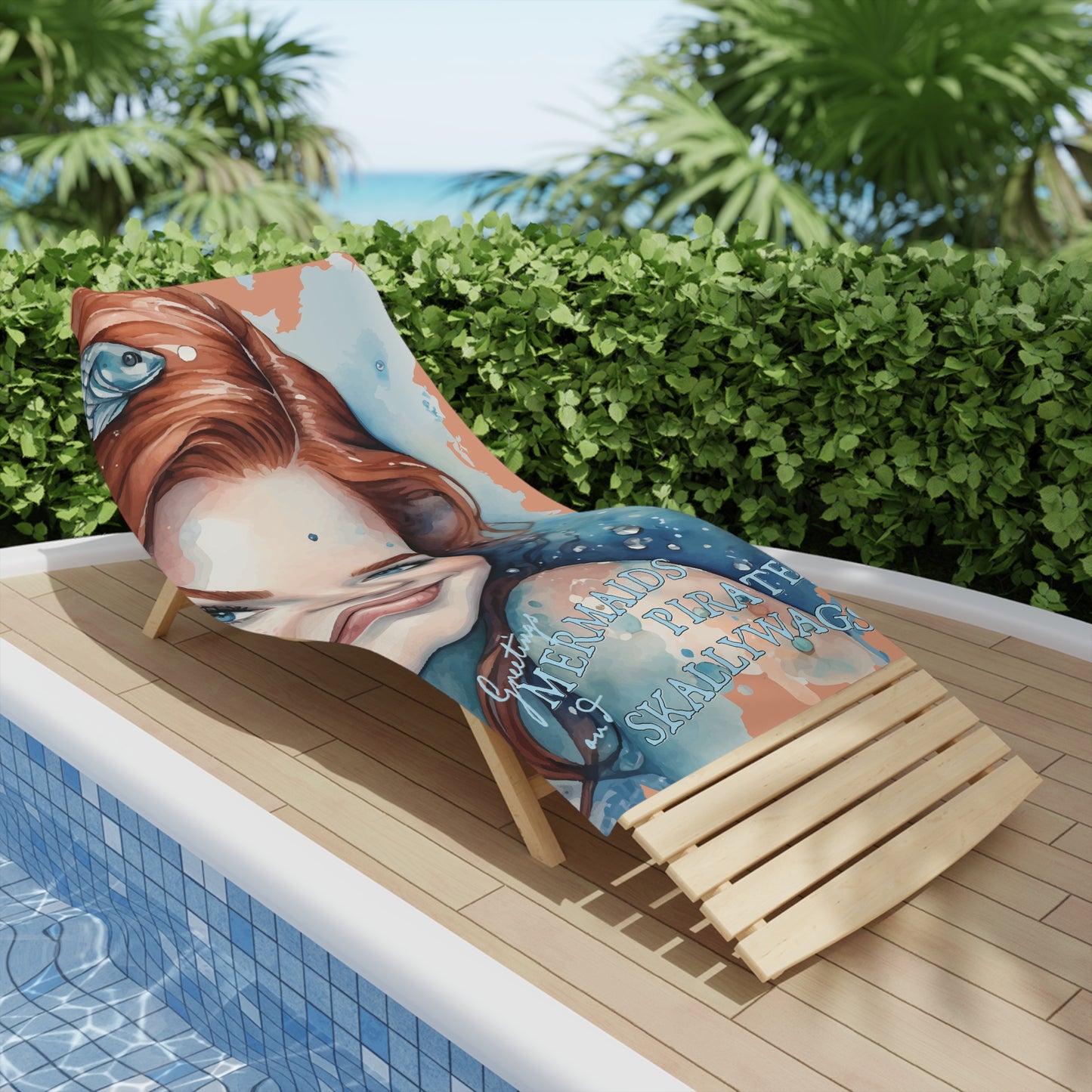 Pretty mermaid with red hair and blue water highlights against a coral background on a beach towel.