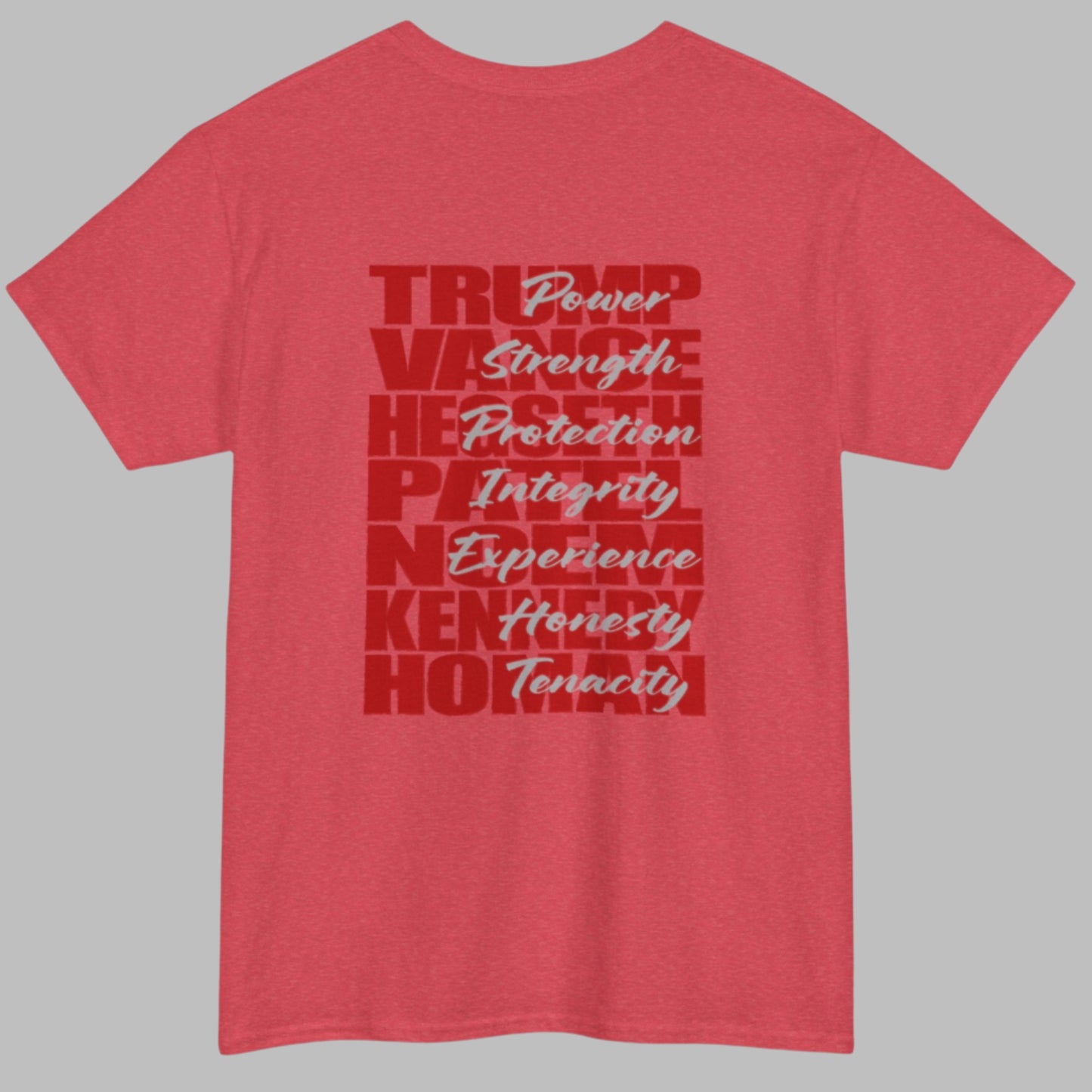 Cotton t-shirt imprinted in red with a gray overprint on the back of the names and strongest qualities of President Trump and his cabinet members / nominees. The front is imprinted on the left chest with 45/47 and the word Restoration overprinted in gray.