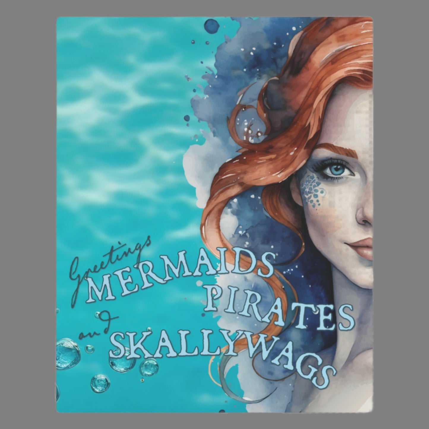 Beautiful metal sign imprinted in full color shows pretty turquoise water background with redhead ginger mermaid image overlaid with the words "Greetings MERMAIDS PIRATES and SKALLYWAGS" Pool decor. Ocean decor. Sea decor. Beach decor. Pool sign.