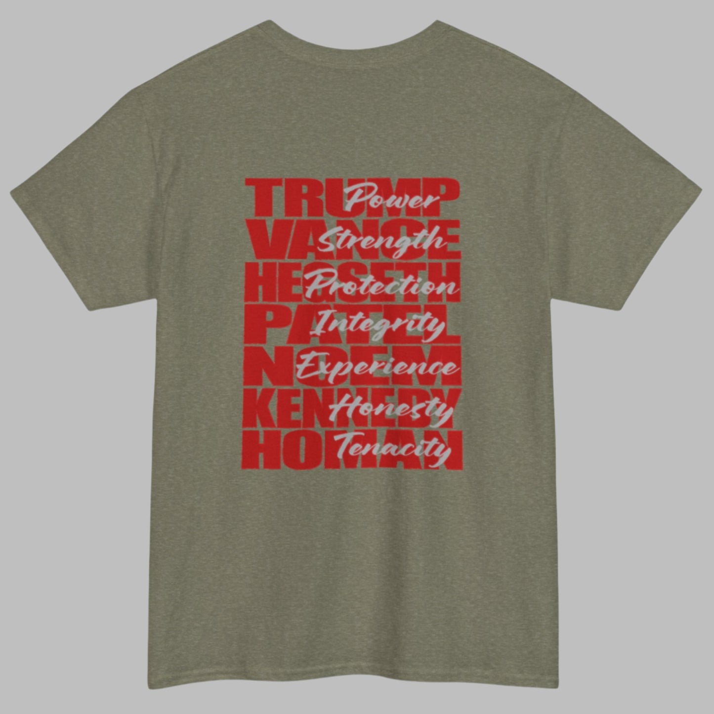 Cotton t-shirt imprinted in red with a gray overprint on the back of the names and strongest qualities of President Trump and his cabinet members / nominees. The front is imprinted on the left chest with 45/47 and the word Restoration overprinted in gray.