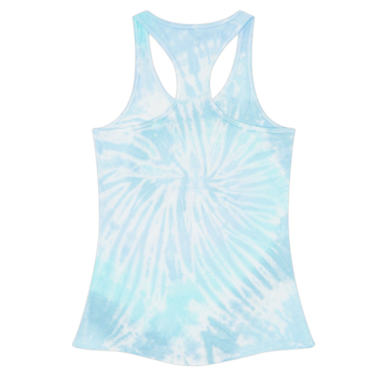 Model wearing a blue and white tie dye design racerback tank that is imprinted on the front with out inspirational and motivational slogan in a deep teal : The person you dream of becoming is waiting for you to try.
