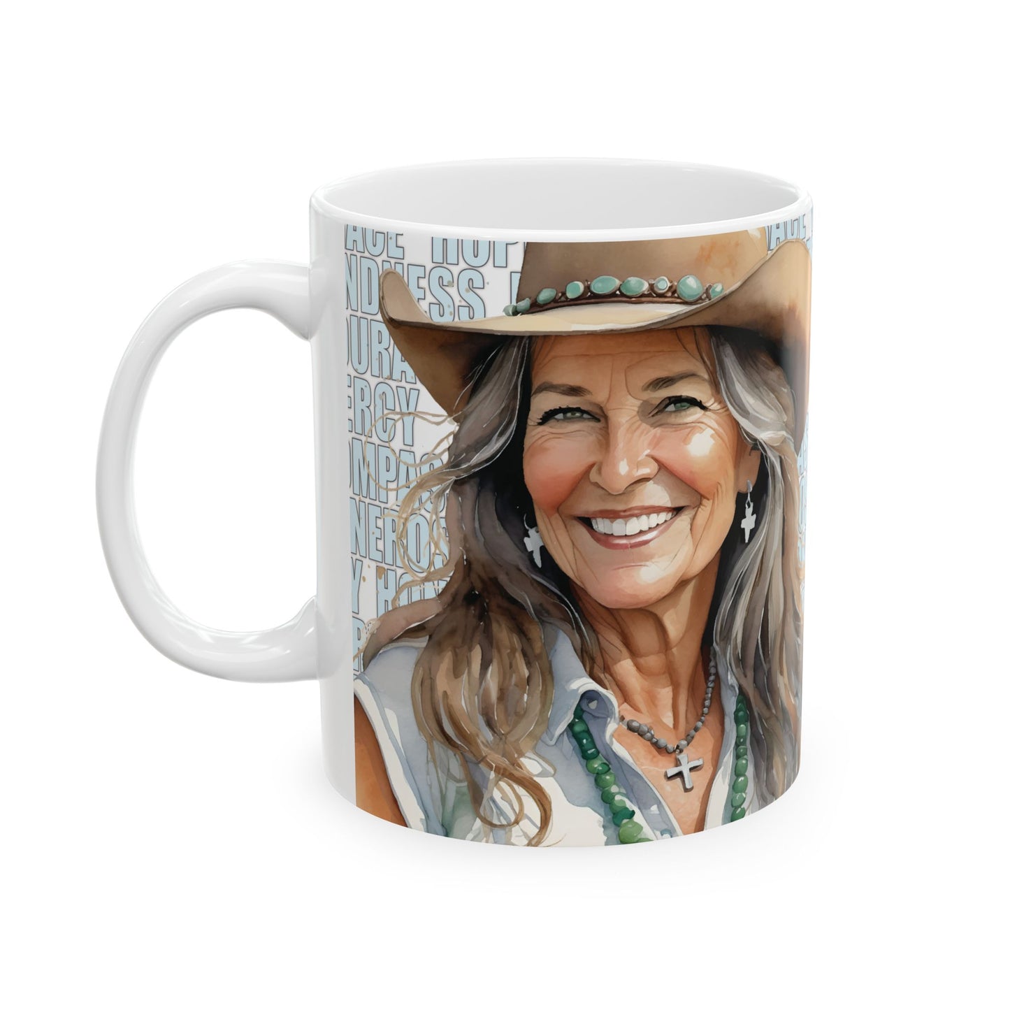 Joyful "Claire" Cowgirl over Positive Words White Ceramic Mug - 11 oz. or 15 oz.