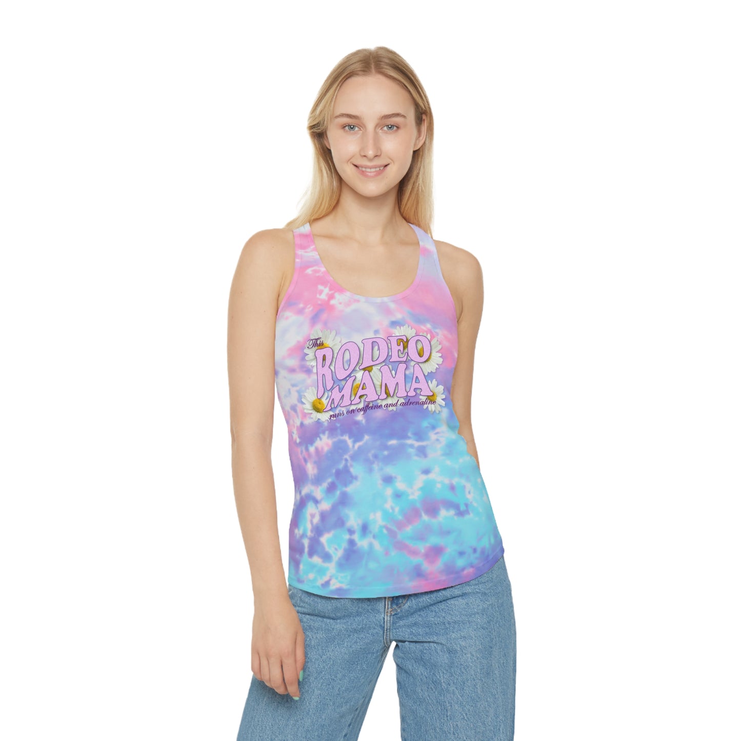 Rodeo Mama Tie Dye Racerback Tank Top (Caffeine & Adrenaline) – Vibrant & Playful Summer Wear - 3 Color Options