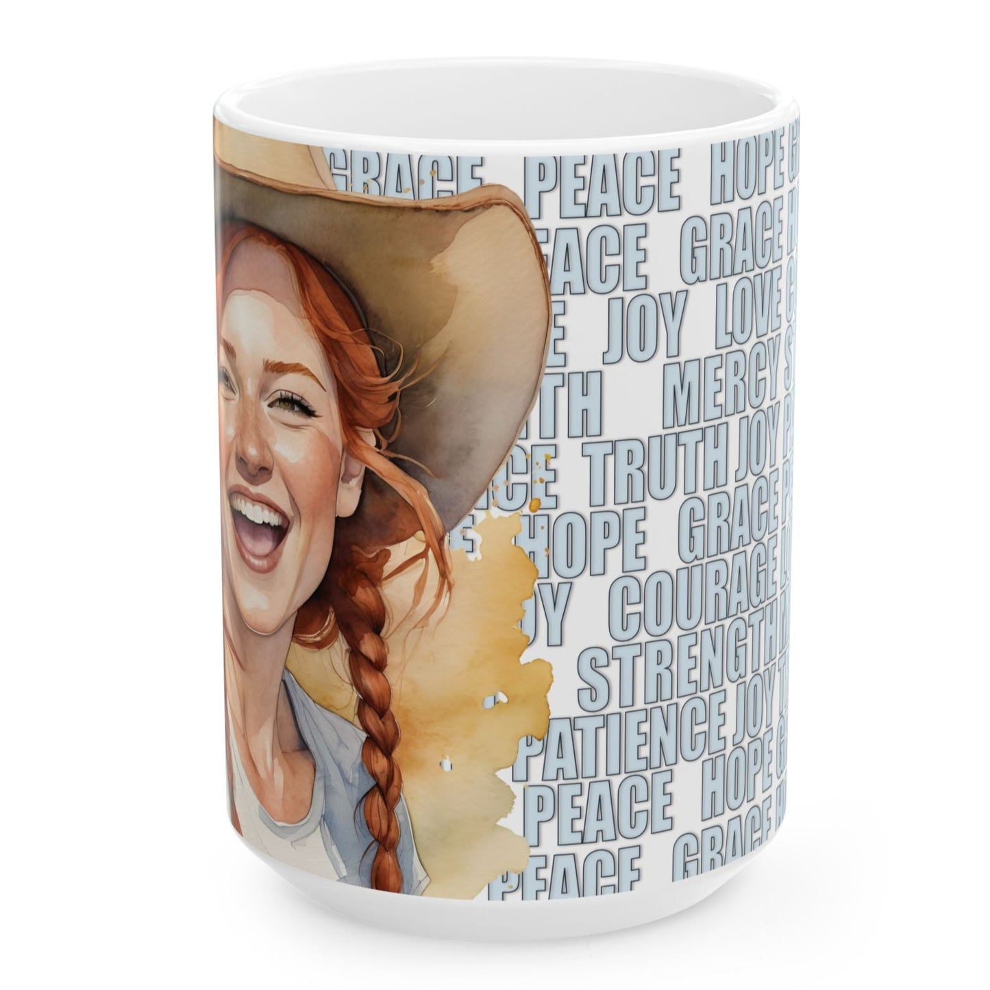 Joyful "Olive" Redhead Ginger Cowgirl with Positive Words White Ceramic Mug - 11oz or 15oz