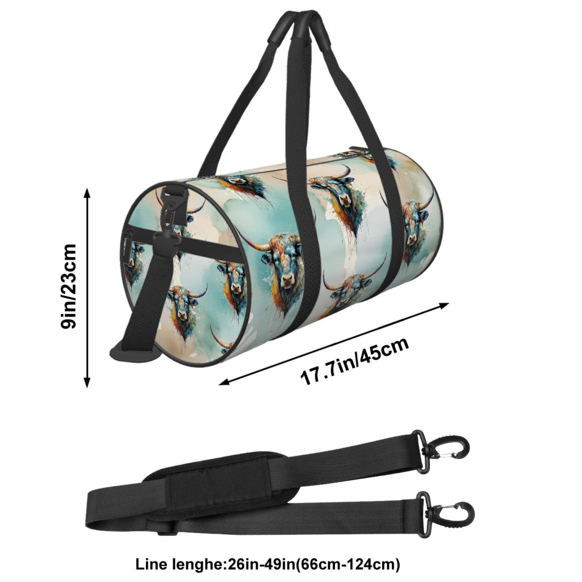 All over watercolor print in shades of turquoise, tan, and white overlaid with our colorful longhorn steer on a water-resistant poly canvas cylinder bag. Black webbing with faux leather grips. Removable nylon shoulder strap. Interior zipper pocket.