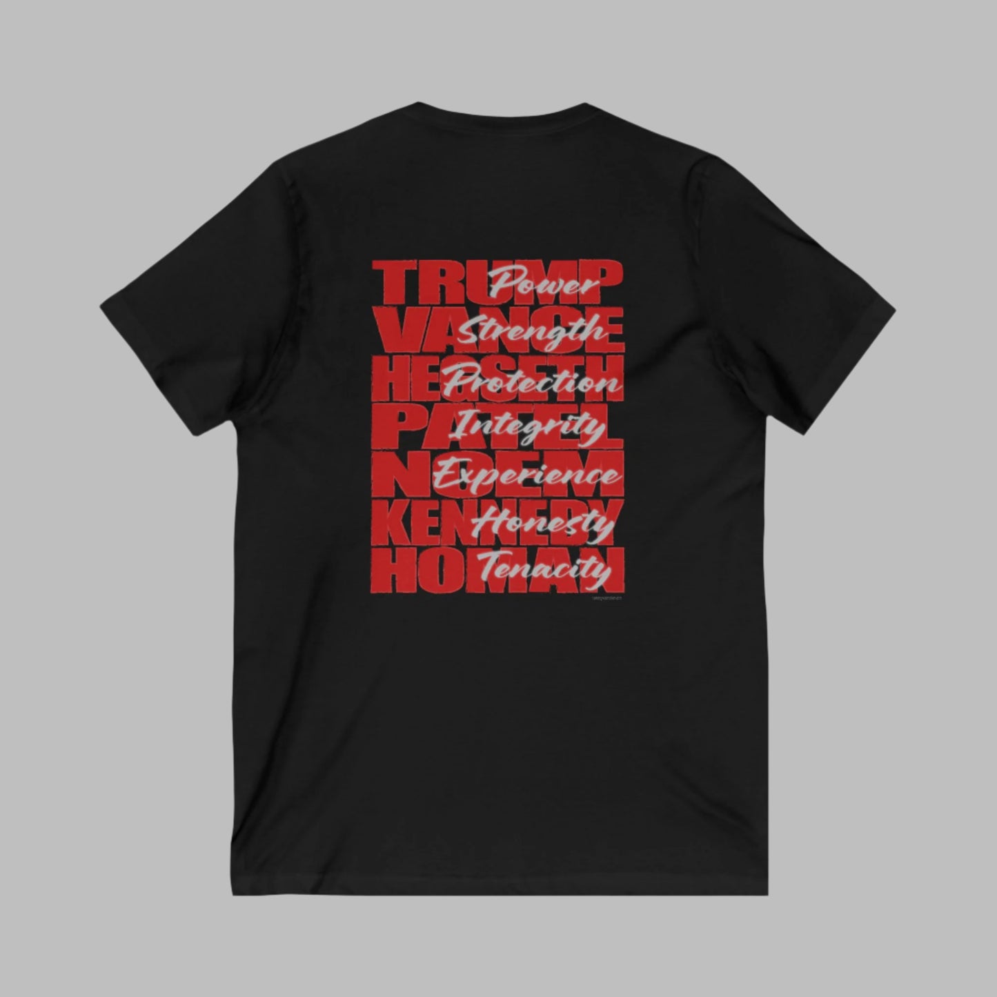 V-neck t-shirt imprinted with the names and qualities of Trump's cabinet members. Imprinted in red with gray overlays on the back. Left chest is imprinted with 45/47 and the word Restoration over the top. Sizes Small to 5X. 6 color options.
