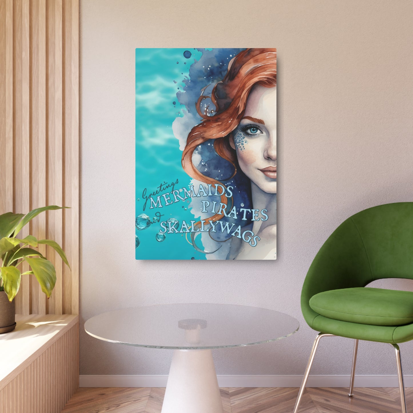 Beautiful metal sign imprinted in full color shows pretty turquoise water background with redhead ginger mermaid image overlaid with the words "Greetings MERMAIDS PIRATES and SKALLYWAGS" Pool decor. Ocean decor. Sea decor. Beach decor. Pool sign.