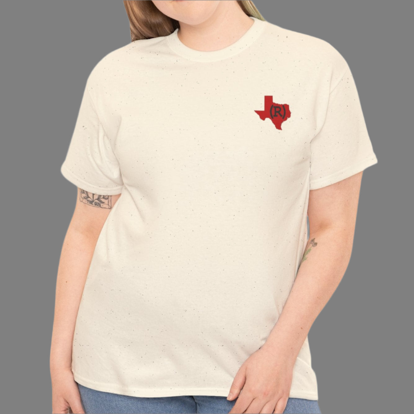 Cotton t-shirt imprinted with shape of the state of Texas in red, outlined in black, with the words WE DON'T CARE, MARGARET and Proud Republican printed over the top of the shape.