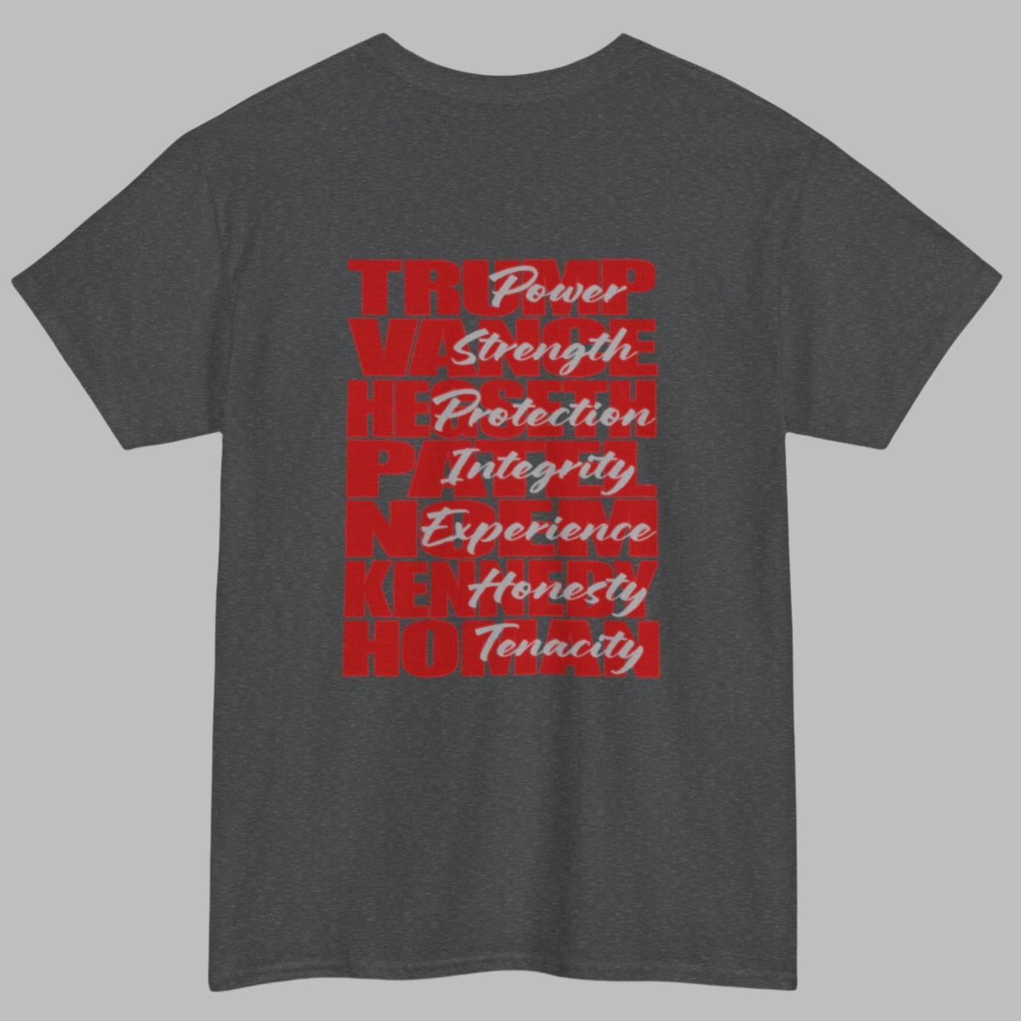 Cotton t-shirt imprinted in red with a gray overprint on the back of the names and strongest qualities of President Trump and his cabinet members / nominees. The front is imprinted on the left chest with 45/47 and the word Restoration overprinted in gray.