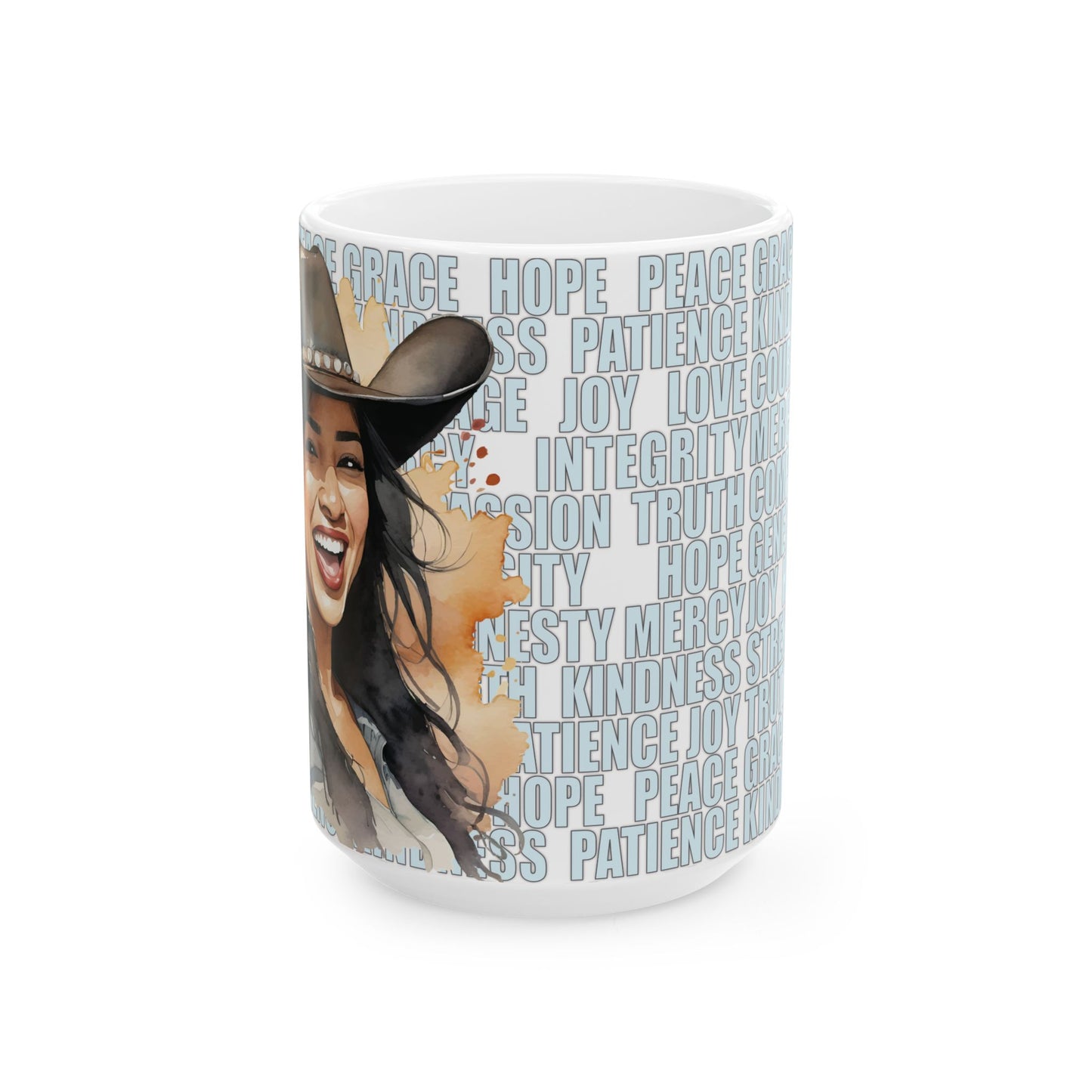 Joyful Young Black Cowgirl with Positive Words White Ceramic Mug, (11oz or 15oz)