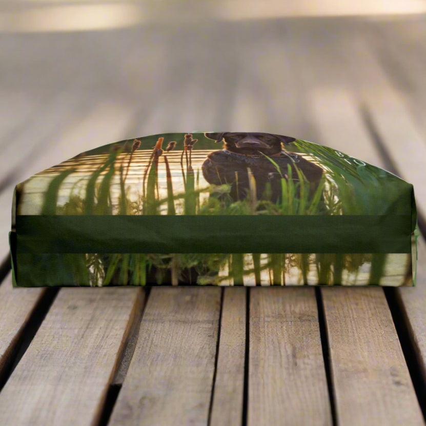 Large weekender style canvas tote bag imprinted both sides with our exclusive image of an intense chocolate Labrador Retriever duck hunting dog waiting near the reeds and cattails. It reads TALK BIRDY TOME. Imprinted the same n both sides. Woven cotton handles.