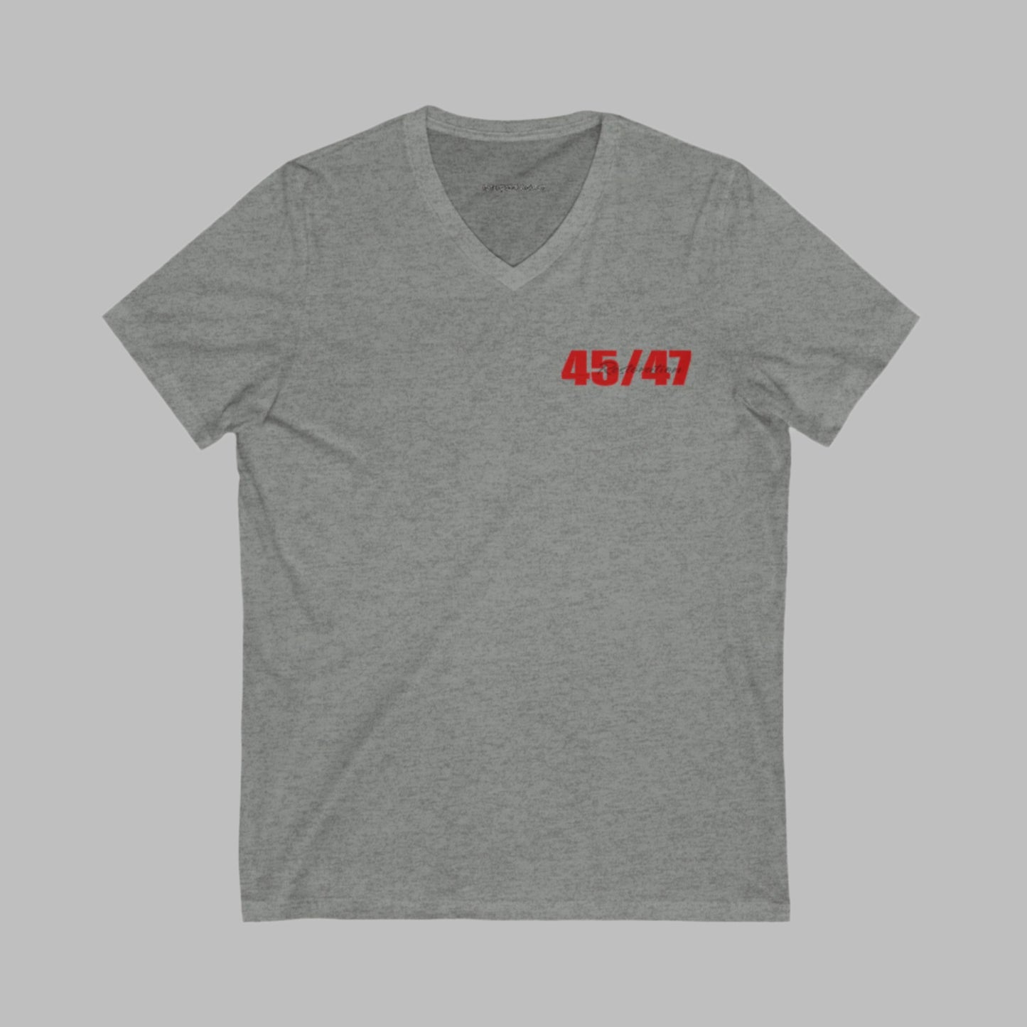 V-neck t-shirt imprinted with the names and qualities of Trump's cabinet members. Imprinted in red with gray overlays on the back. Left chest is imprinted with 45/47 and the word Restoration over the top. Sizes Small to 5X. 6 color options.