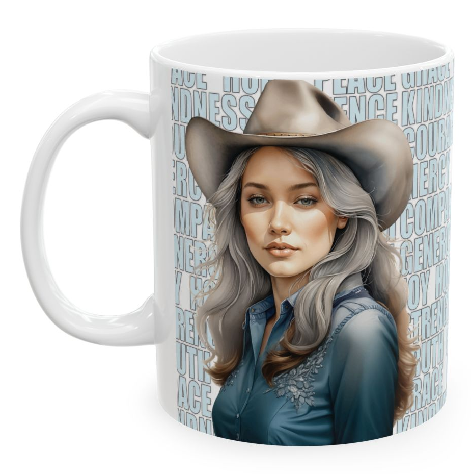 CHRISTI. Our happiest cowgirls grace these 11 oz and 15 oz white ceramic mugs. We've also added a plethora of positive words to help get your day off to the right start. Glossy finish.