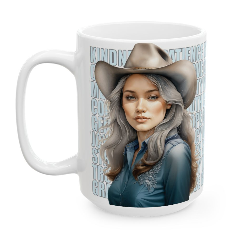 CHRISTI. Our happiest cowgirls grace these 11 oz and 15 oz white ceramic mugs. We've also added a plethora of positive words to help get your day off to the right start. Glossy finish.