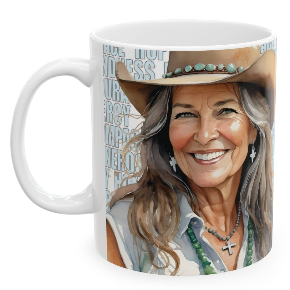 CLAIRE. Our happiest cowgirls grace these 11 oz and 15 oz white ceramic mugs. We've also added a plethora of positive words to help get your day off to the right start. Glossy finish.