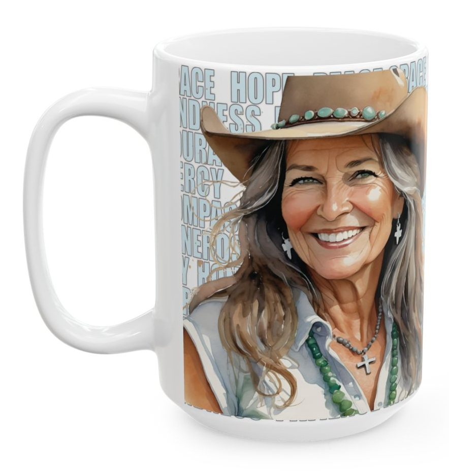 CLAIRE. Our happiest cowgirls grace these 11 oz and 15 oz white ceramic mugs. We've also added a plethora of positive words to help get your day off to the right start. Glossy finish.