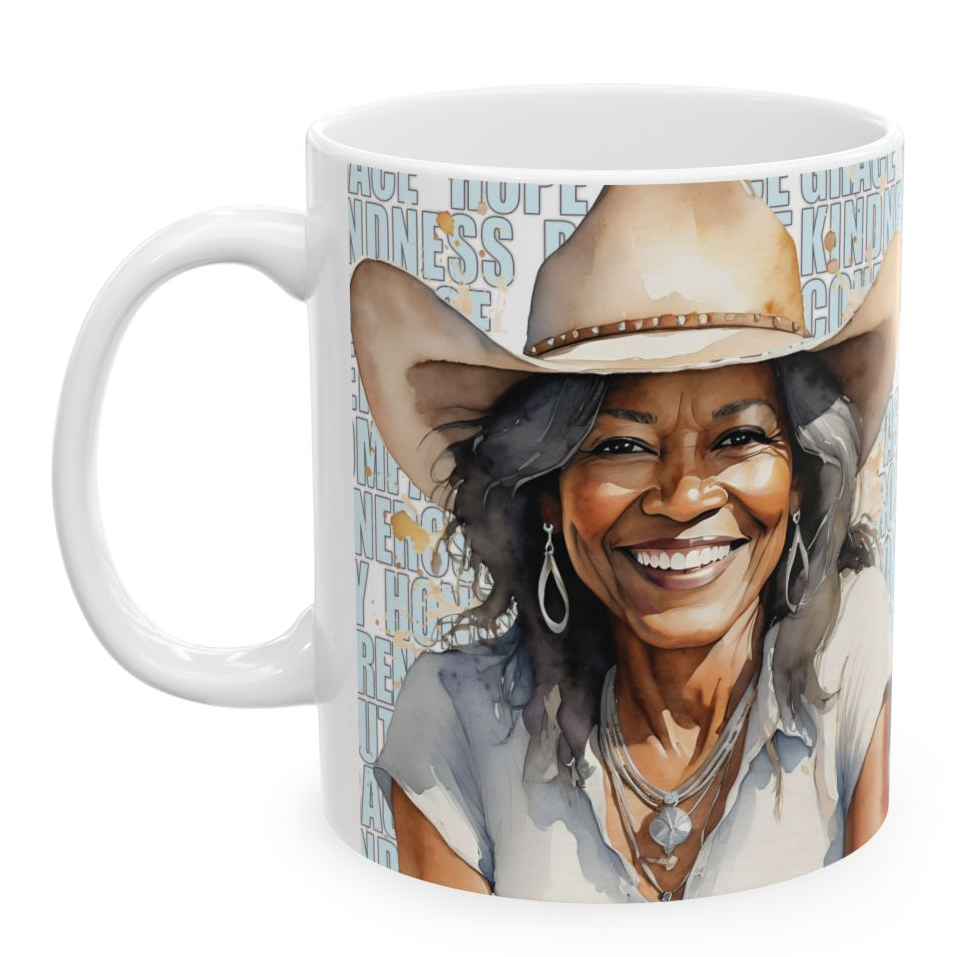 JORDYNN, Our happiest cowgirls grace these 11 oz and 15 oz white ceramic mugs. We've also added a plethora of positive words to help get your day off to the right start. Glossy finish.