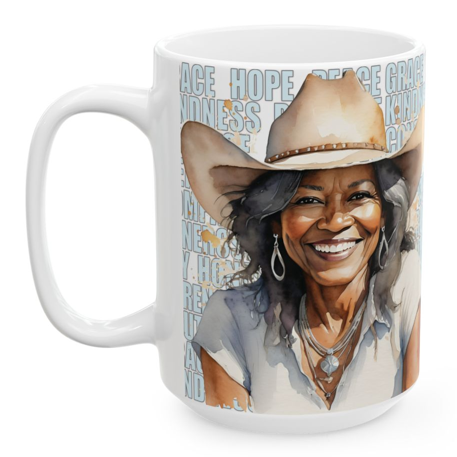 JORDYNN. Our happiest cowgirls grace these 11 oz and 15 oz white ceramic mugs. We've also added a plethora of positive words to help get your day off to the right start. Glossy finish.