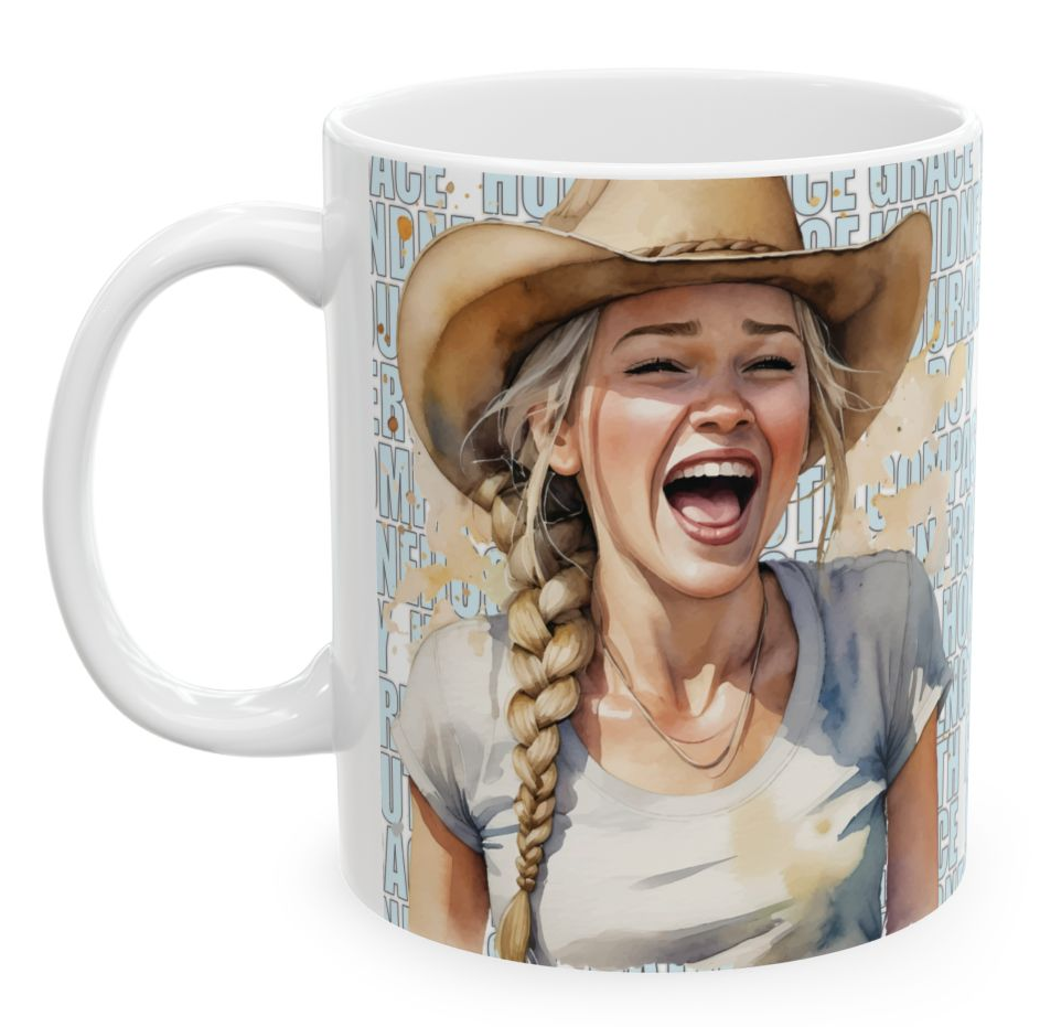 PETRA. Our happiest cowgirls grace these 11 oz and 15 oz white ceramic mugs. We've also added a plethora of positive words to help get your day off to the right start. Glossy finish.