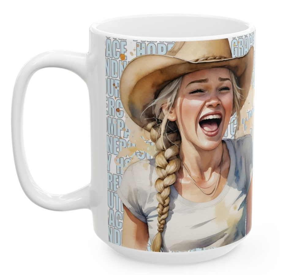 PETRA. Our happiest cowgirls grace these 11 oz and 15 oz white ceramic mugs. We've also added a plethora of positive words to help get your day off to the right start. Glossy finish.