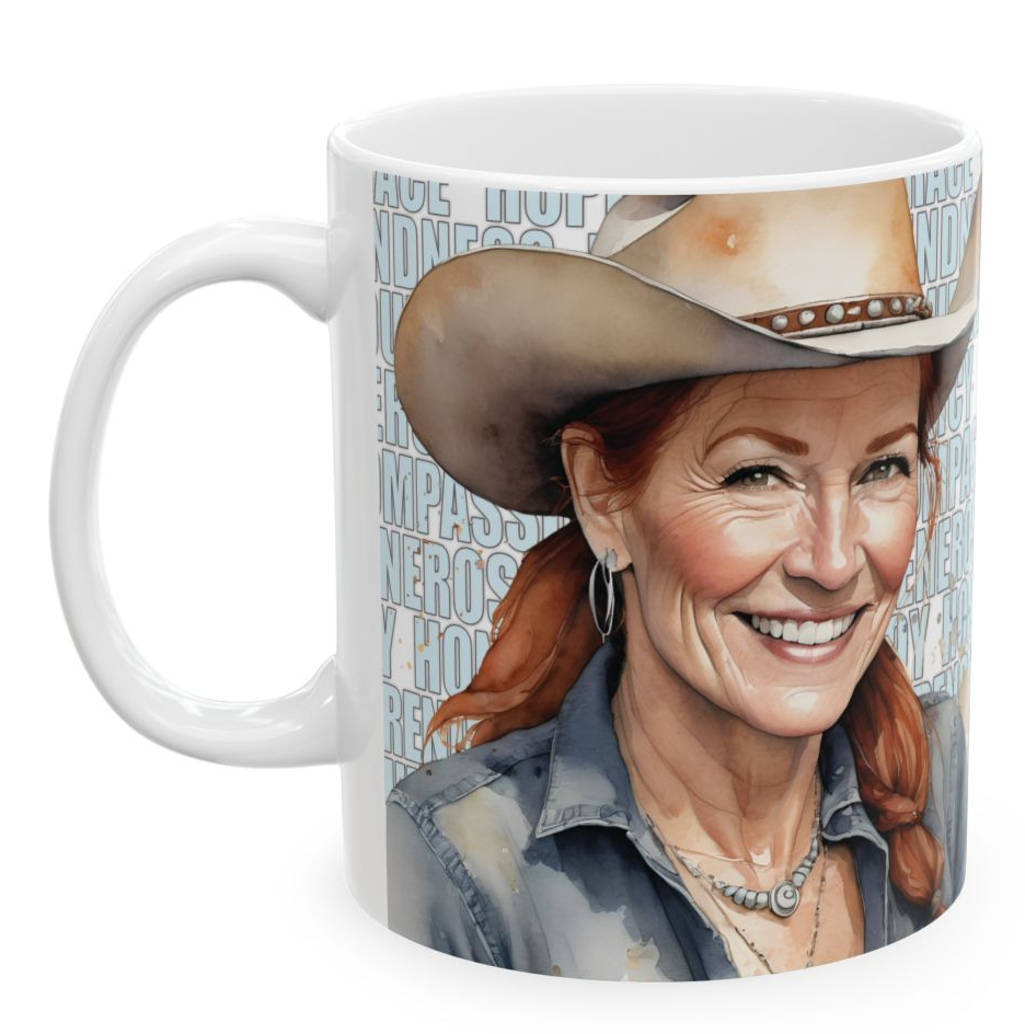 TRACY. Our happiest cowgirls grace these 11 oz and 15 oz white ceramic mugs. We've also added a plethora of positive words to help get your day off to the right start. Glossy finish.