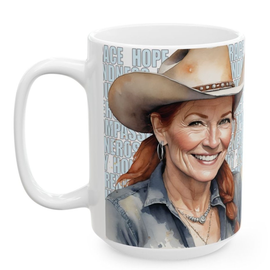 TRACY. Our happiest cowgirls grace these 11 oz and 15 oz white ceramic mugs. We've also added a plethora of positive words to help get your day off to the right start. Glossy finish.