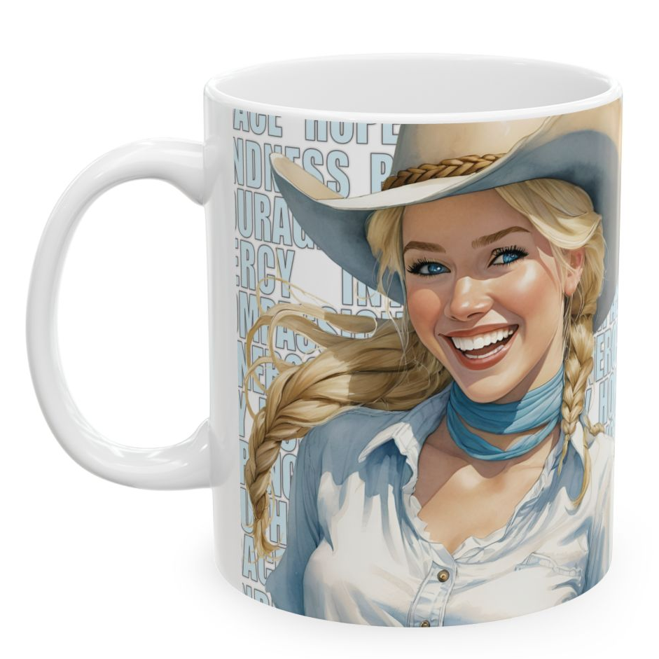 AUDREY. Our happiest cowgirls grace these 11 oz and 15 oz white ceramic mugs. We've also added a plethora of positive words to help get your day off to the right start. Glossy finish.