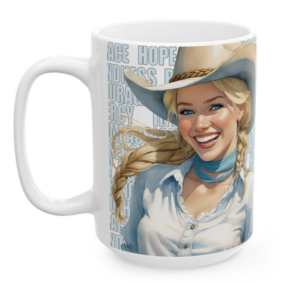 AUDREY. Our happiest cowgirls grace these 11 oz and 15 oz white ceramic mugs. We've also added a plethora of positive words to help get your day off to the right start. Glossy finish.
