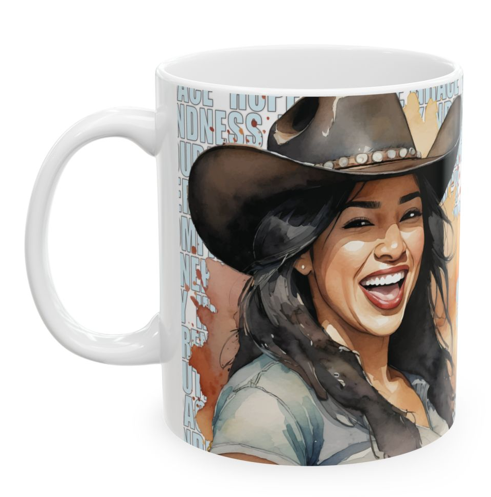 ERYN. Our happiest cowgirls grace these 11 oz and 15 oz white ceramic mugs. We've also added a plethora of positive words to help get your day off to the right start. Glossy finish.