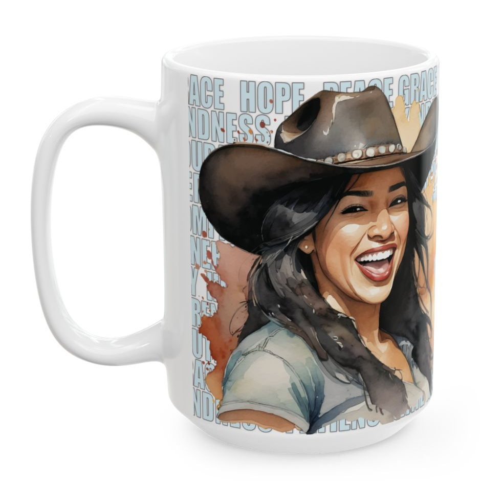 ERYN. Our happiest cowgirls grace these 11 oz and 15 oz white ceramic mugs. We've also added a plethora of positive words to help get your day off to the right start. Glossy finish.