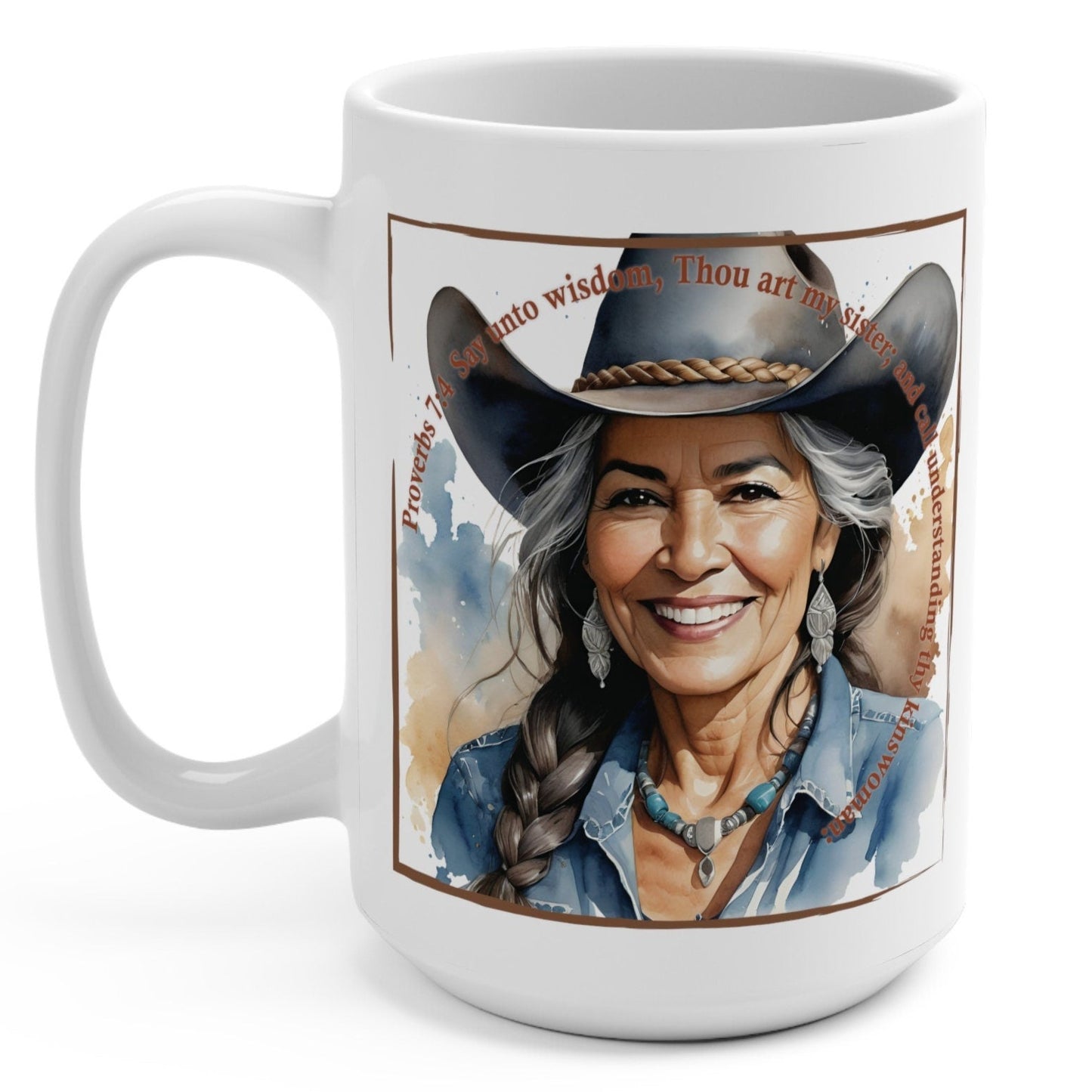 Uplifted Christian "Delia" Latina Mature Cowgirl Bible Verse White Ceramic Mug - 15 oz