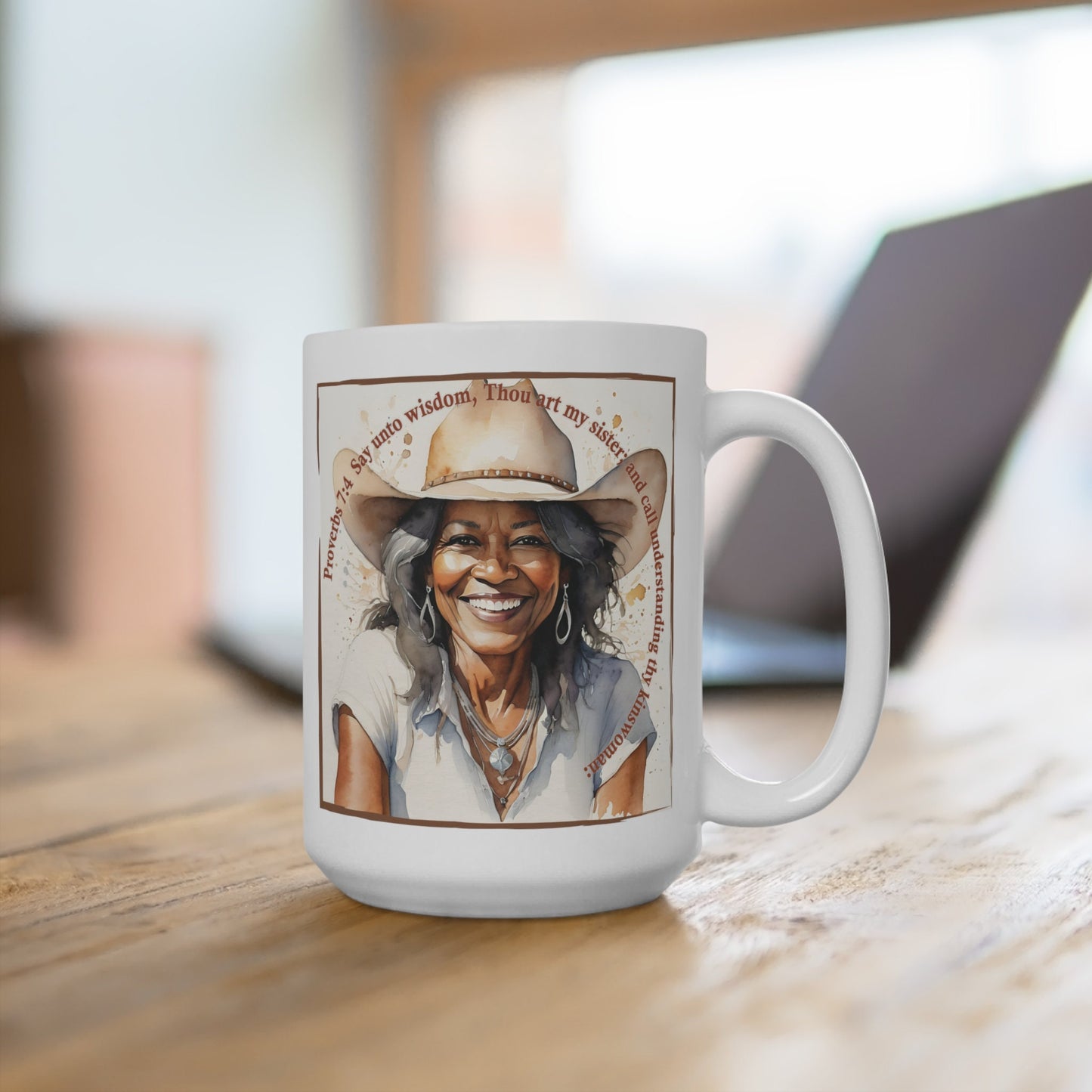 Uplifted Christian Bible Verse Mature Black Cowgirl White Ceramic Mug - 15 oz.