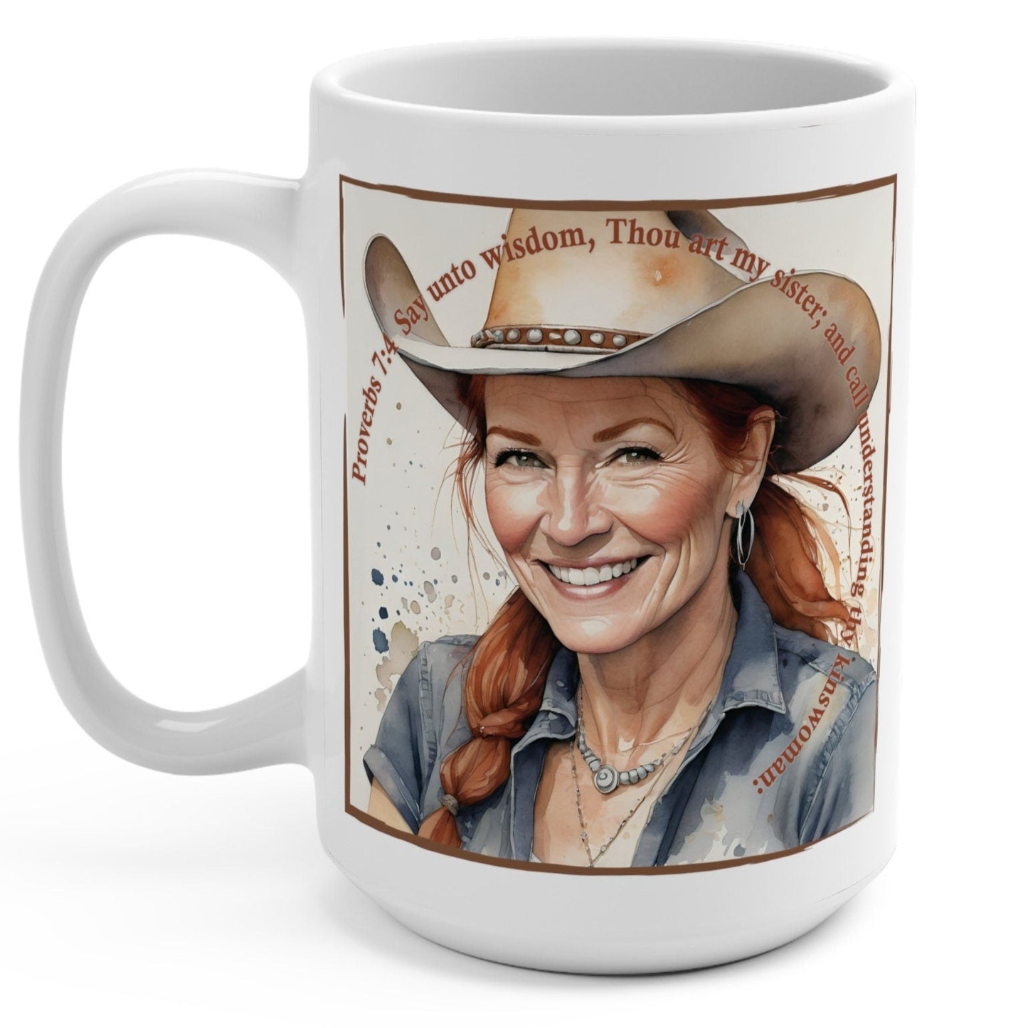 Uplifted Christian Bible Verse Mature Cowgirl White Ceramic Mug - 15 oz.