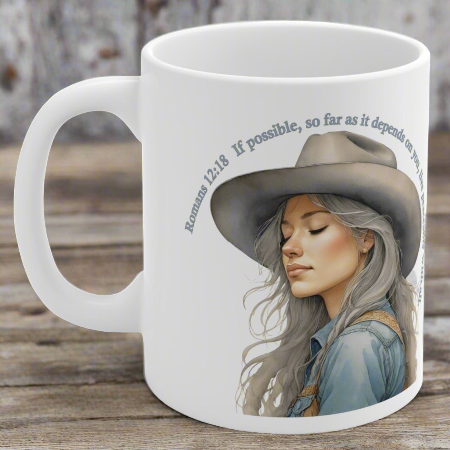 Uplifted Christian Cowgirl Bible Verse White Ceramic Mug - 11 oz.