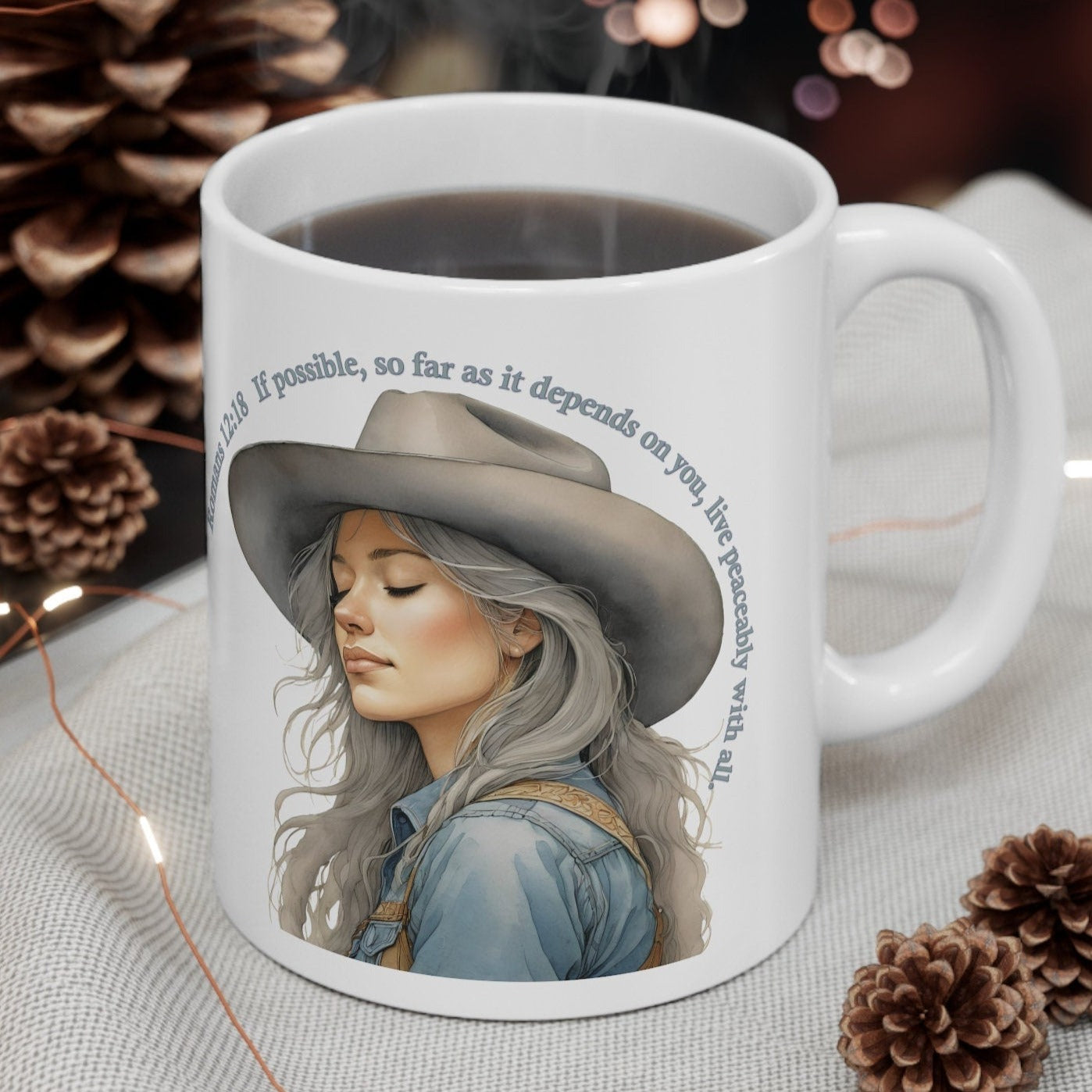 Uplifted Christian Cowgirl Bible Verse White Ceramic Mug - 11 oz.
