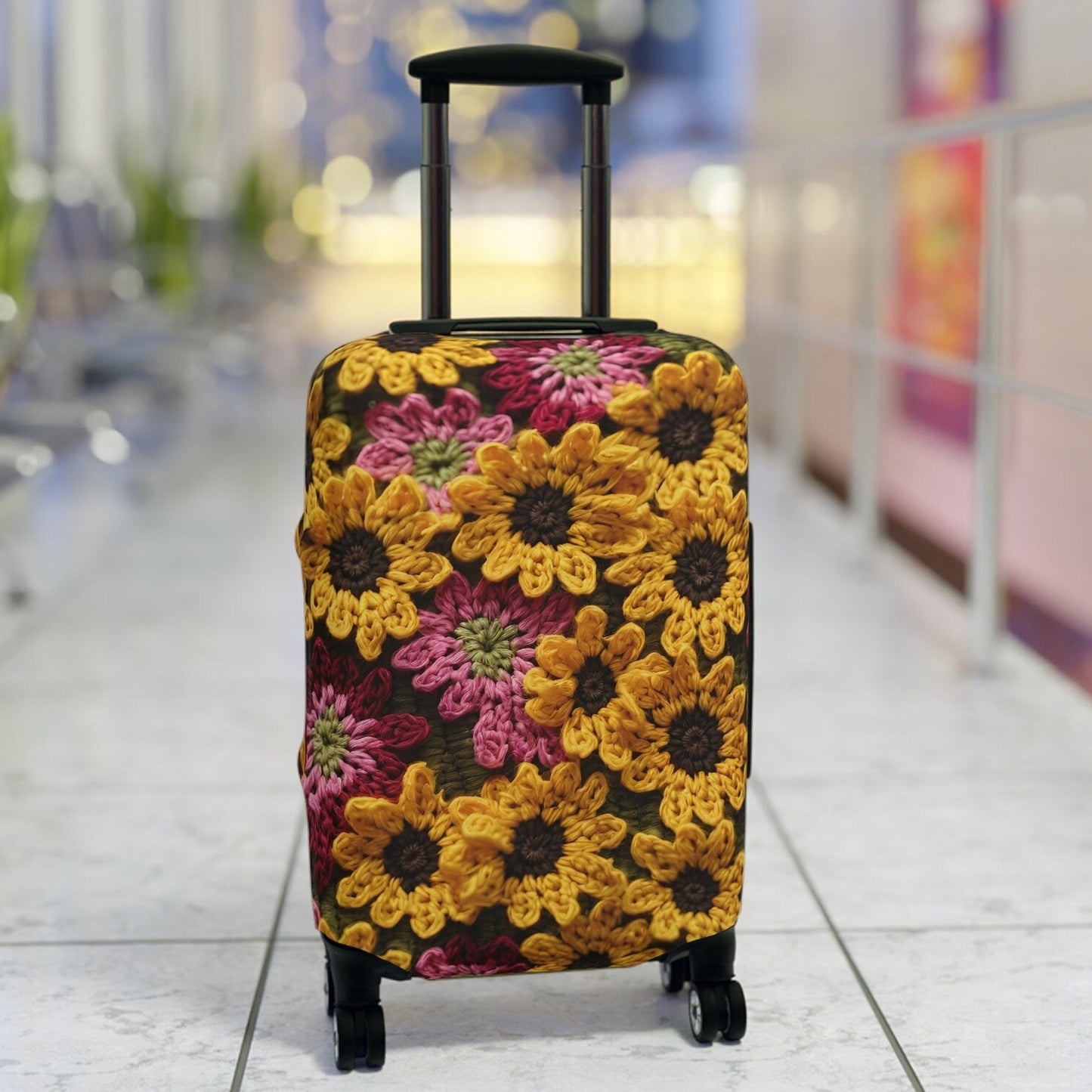 Carry-on Crochet Daisies Boho Afghan Stretch & Zip Luggage Cover - Fits 20" x 14"