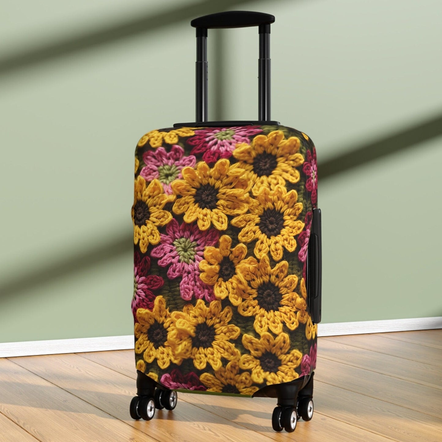 Carry-on Crochet Daisies Boho Afghan Stretch & Zip Luggage Cover - Fits 20" x 14"