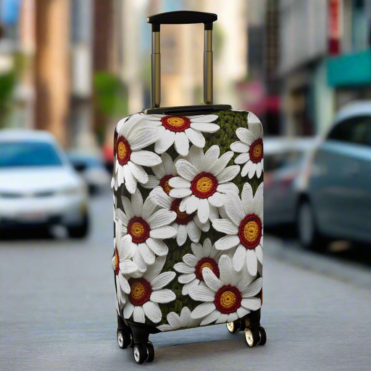 Carry-on Crochet White Daisies Afghan Print Stretch & Zip Luggage Cover - Fits 20" x 14"