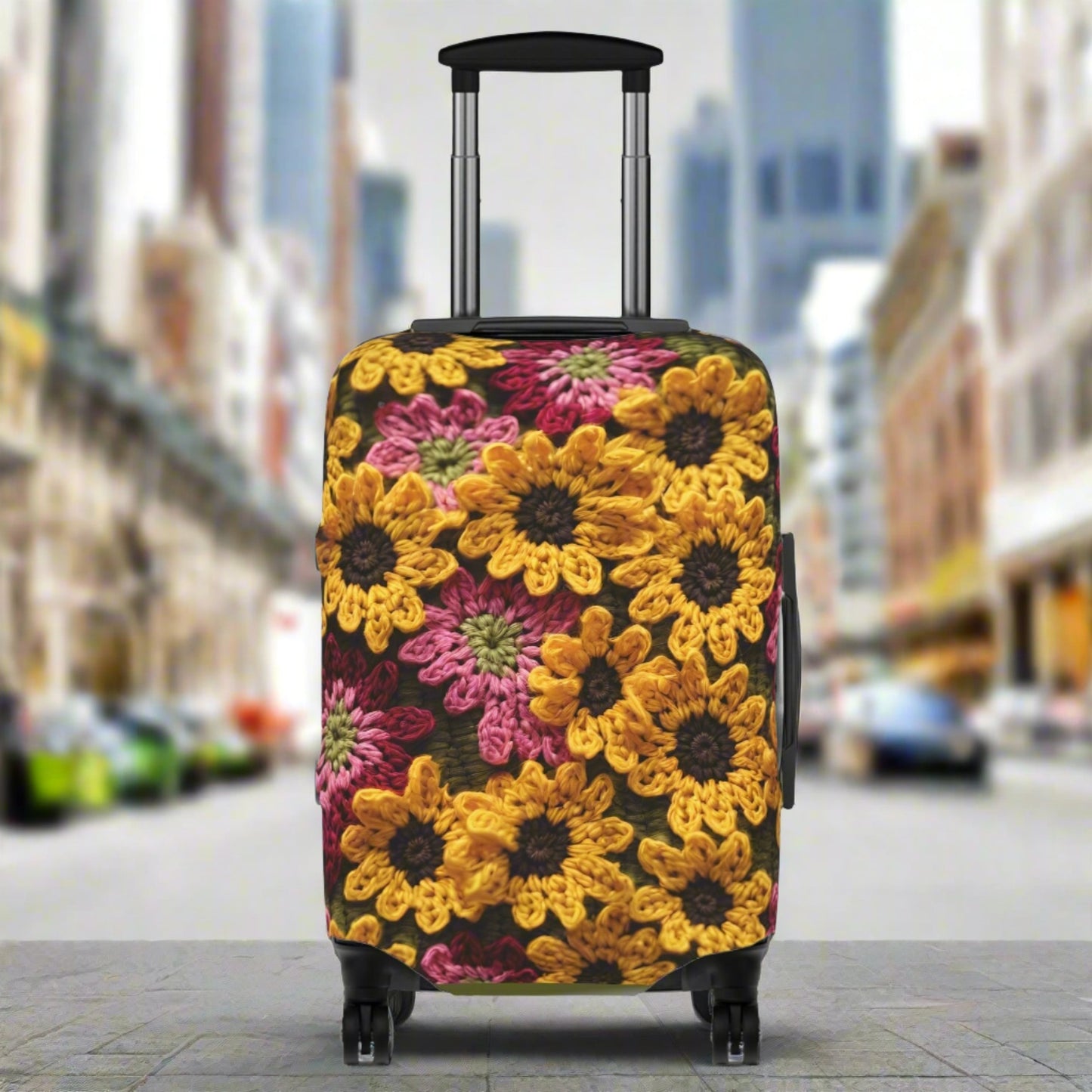 Carry-on Crochet Daisies Boho Afghan Stretch & Zip Luggage Cover - Fits 20" x 14"