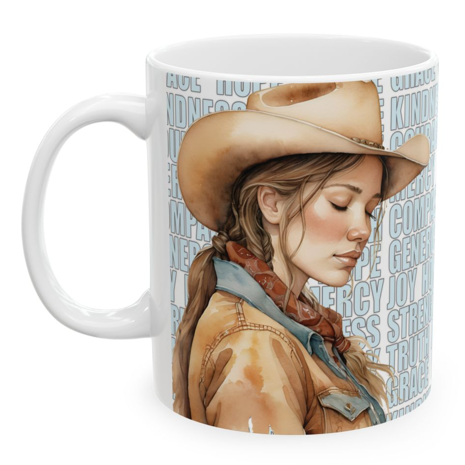 RUSTY. Our happiest cowgirls grace these 11 oz and 15 oz white ceramic mugs. We've also added a plethora of positive words to help get your day off to the right start. Glossy finish.