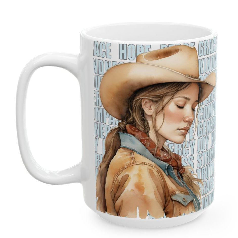 RUSTY. Our happiest cowgirls grace these 11 oz and 15 oz white ceramic mugs. We've also added a plethora of positive words to help get your day off to the right start. Glossy finish.