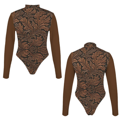 Tooled Leather-Look Mock Long Sleeve Body Suit