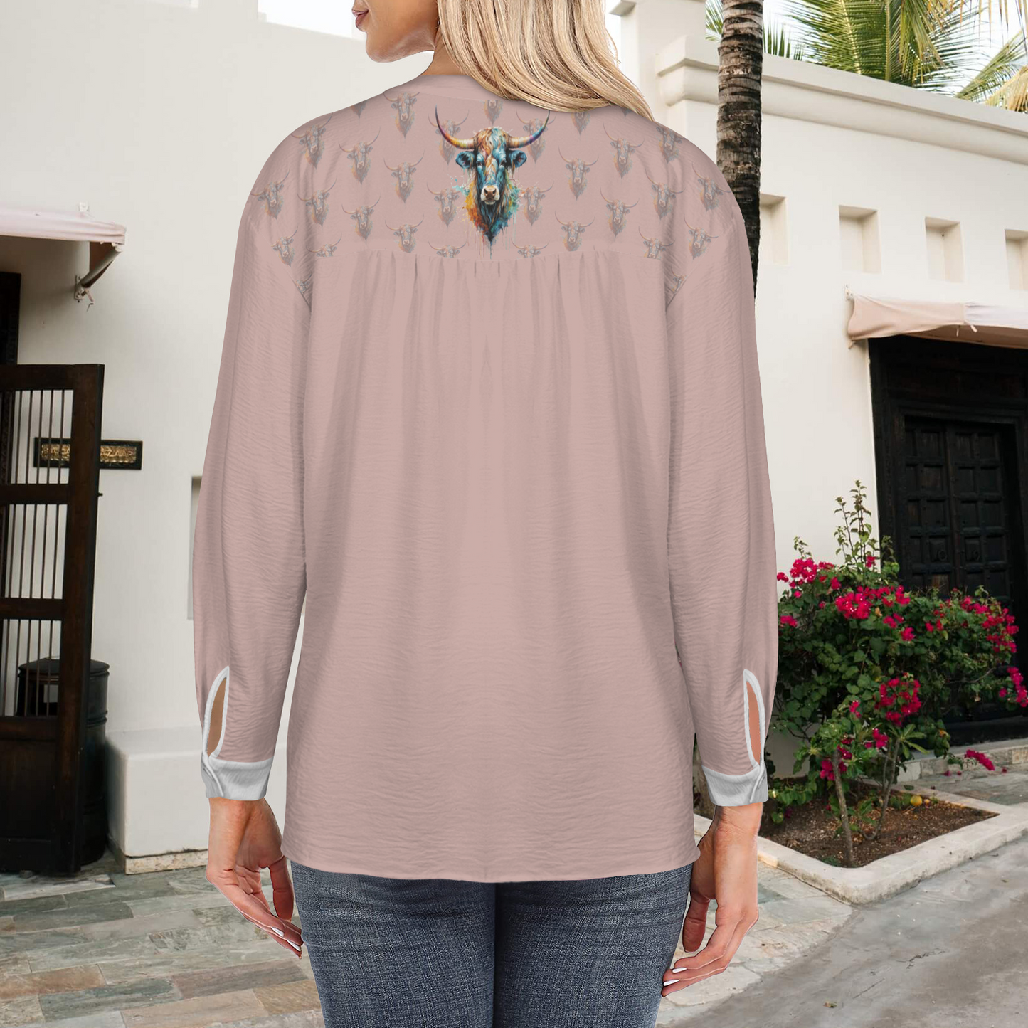 Watercolor Steer V-Neck Pullover Blouse - Dusty Rose / Stone Gray