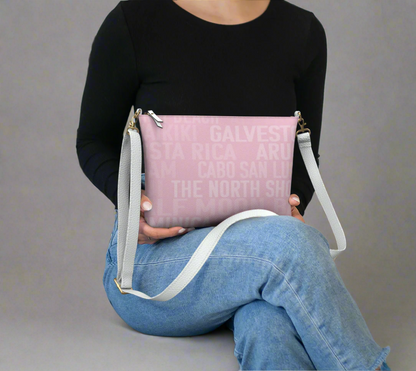 Pretty Pink Vegan Leather Cross Body Bag with Beaches and Sunny Destinations