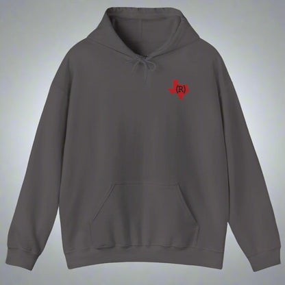 Charcoal gray hoodie sweatshirt imprinted with a red shape of Texas on the chest which has a (R) over the top. 