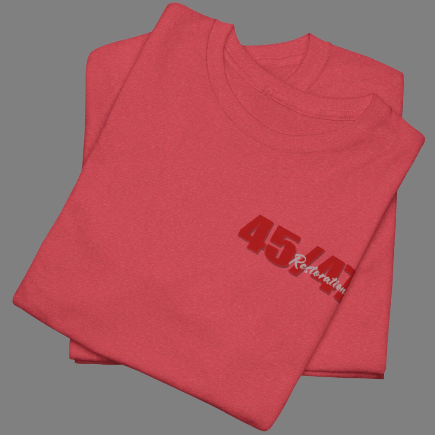 Cotton t-shirt imprinted in red with a gray overprint on the back of the names and strongest qualities of President Trump and his cabinet members / nominees. The front is imprinted on the left chest with 45/47 and the word Restoration overprinted in gray. 