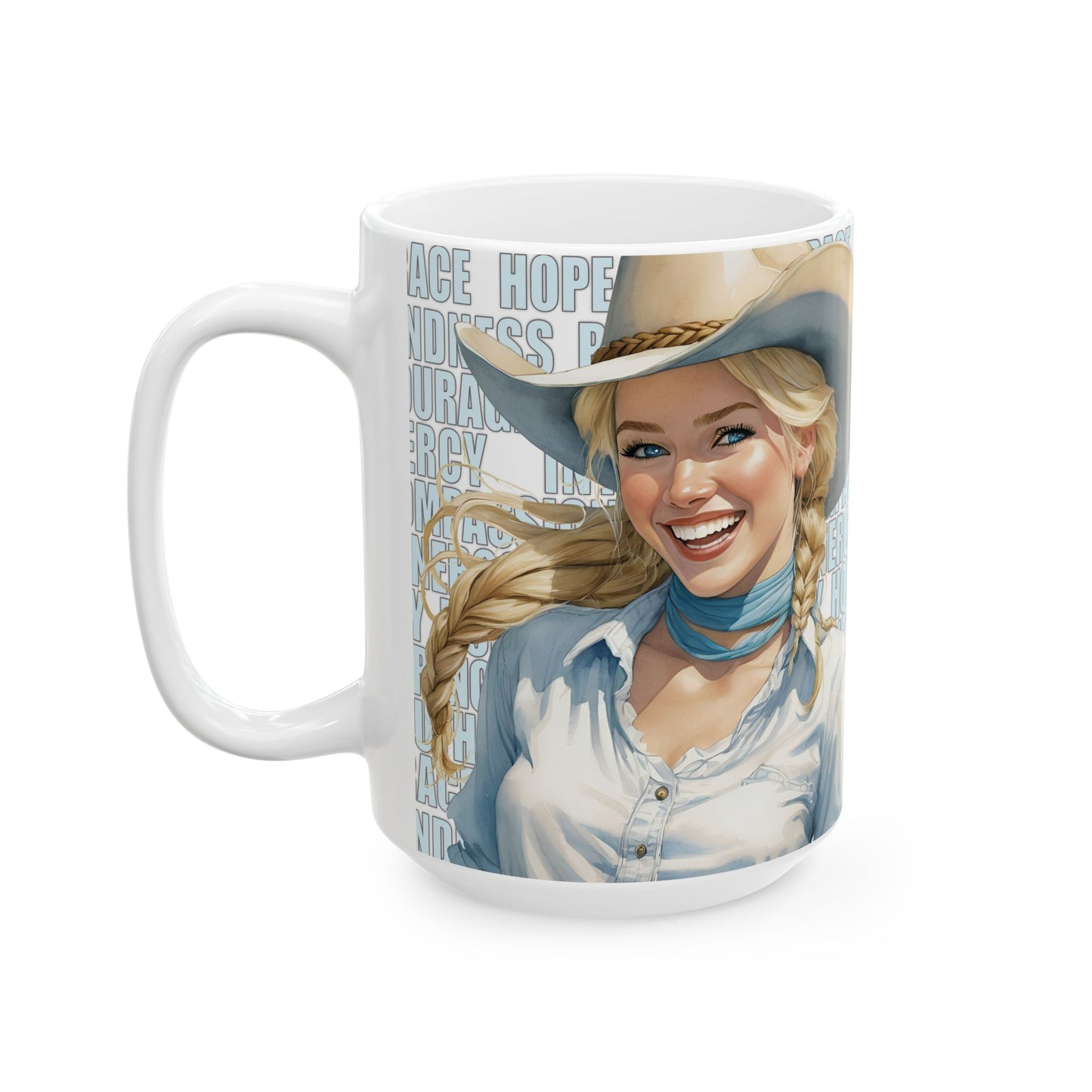 Joyful Young Blond Cowgirl and Positive Words White Ceramic Mug, (11oz or 15oz)