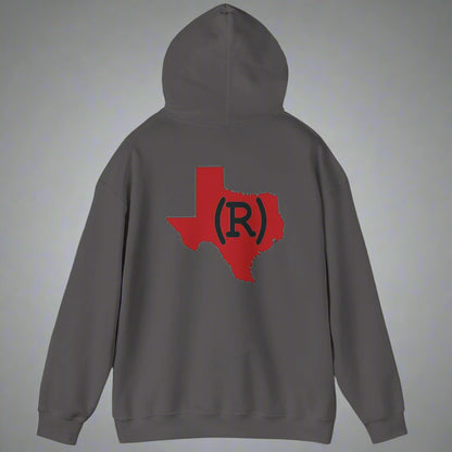 Charcoal gray hoodie sweatshirt imprinted with a red shape of Texas on the back which has a (R) over the top. 