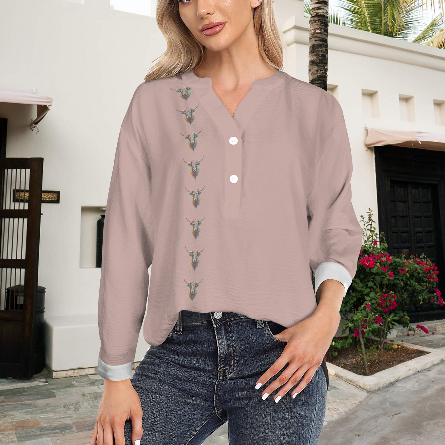 Watercolor Steer - V Neck Pullover Blouse - Dusty Rose