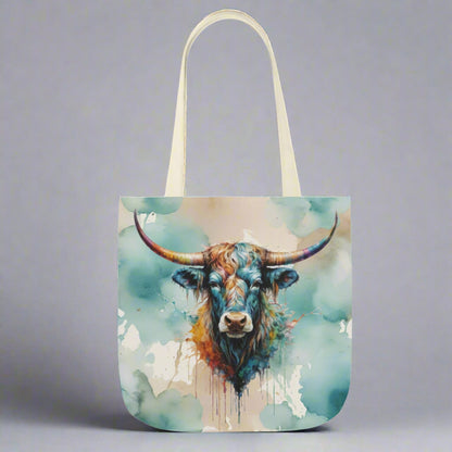 Poly canvas tote with woven coltton handles. Imprinted with pretty watercolor background and colorful steer head on both sides. Available in 3 sizes. 